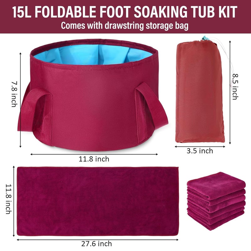 FillTouch 12 Pcs 15L Foldable Foot Soaking Tub Kit Portable Foot Bath Tub for Soaking Feet with Towel and Storage Bag Soak Spa Bucket for Travel Camping (Claret) - Image 2
